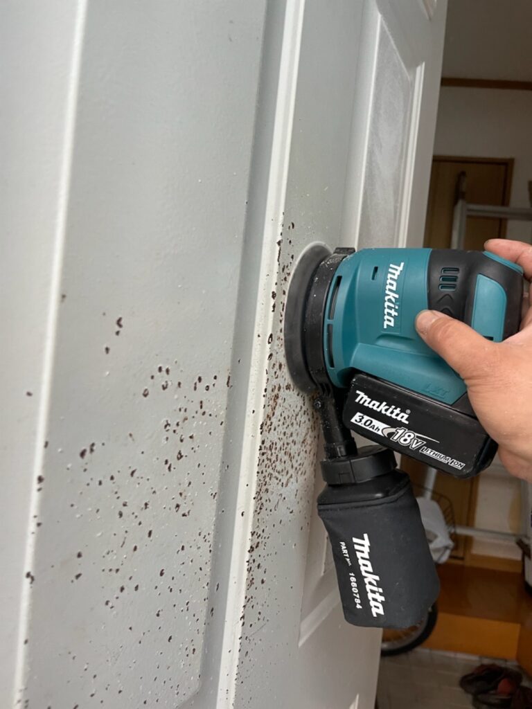 玄関ドアケレン<br />
（専用道具を使用して下地調整を行いました。）