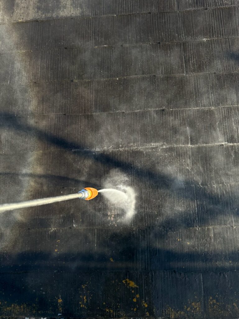 洗浄作業<br />
（表面のコケやカビをしっかりと落とします。）