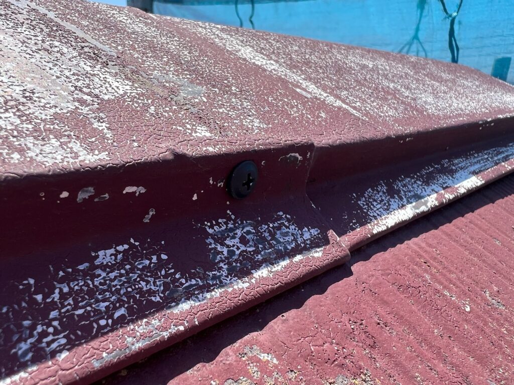 棟板金ビス打ち込み<br />
（パッキン付きビスにて打ち込みをしました。）