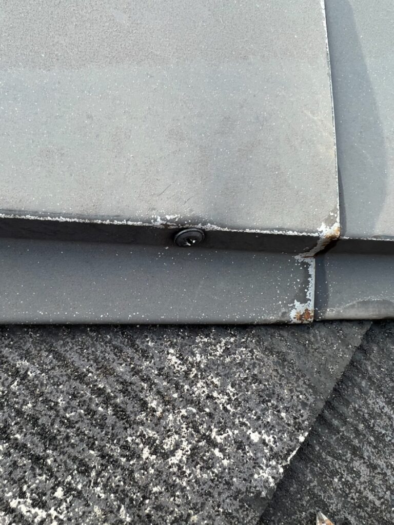 棟板金ビス補修<br />
（弊社では、棟板金の釘が抜けている場合は、パッキン付きのビスにて打ち替えます。）