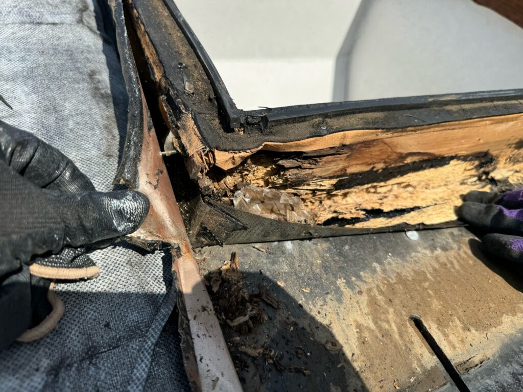 既存のトップライト撤去<br />
（下地の木がボロボロに腐っていました。）