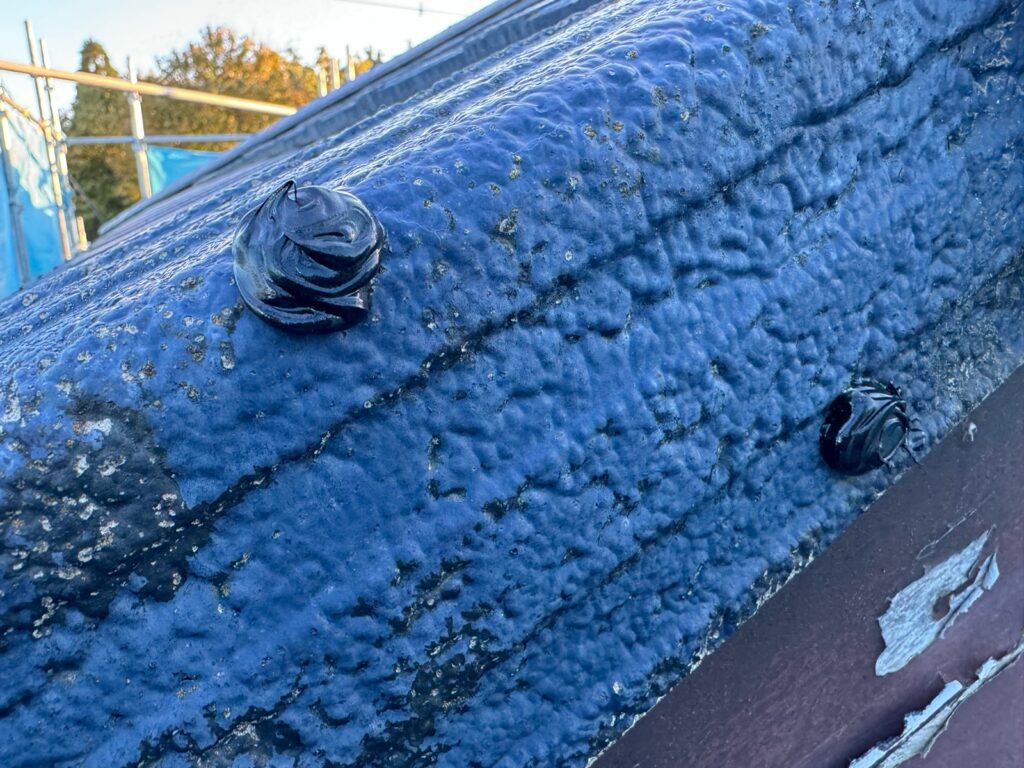 瓦の釘補修<br />
（※瓦を止めている釘の上にコーキングにて防水処理を行いました。これは雨が入らないようにする為と、釘が抜けてこないようにする為です。）