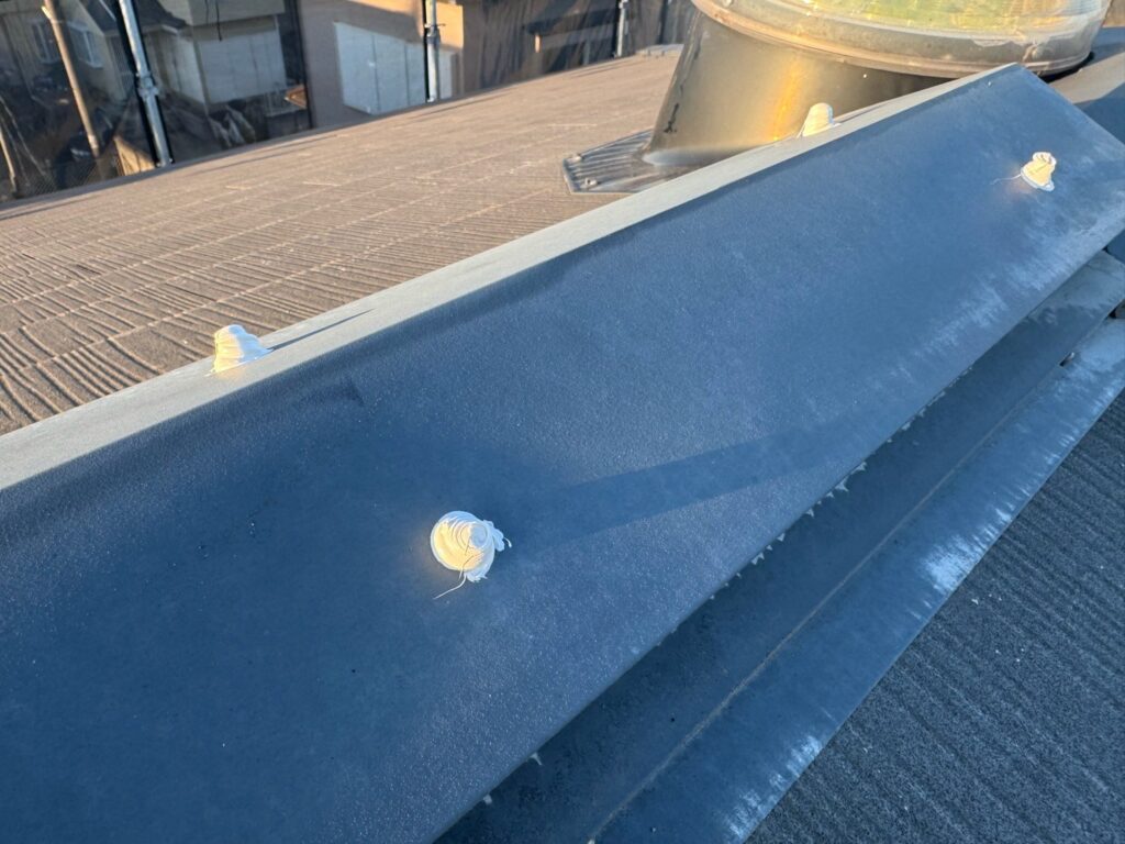 棟板金のビス頭コーキング処理<br />
（※棟板金にビスが頭打ちされていた為、水がビスから中に回らないように、ビス頭にコーキングにて防水処理をしました。とても重要な工程です。）